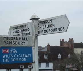 Signpost in Malborough. At this point you could cross straight over but the Witlshire Cycleway goes left