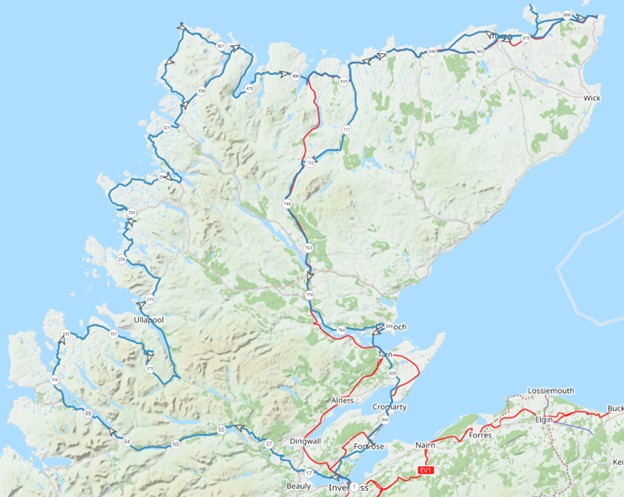 Tour route shown in blue.